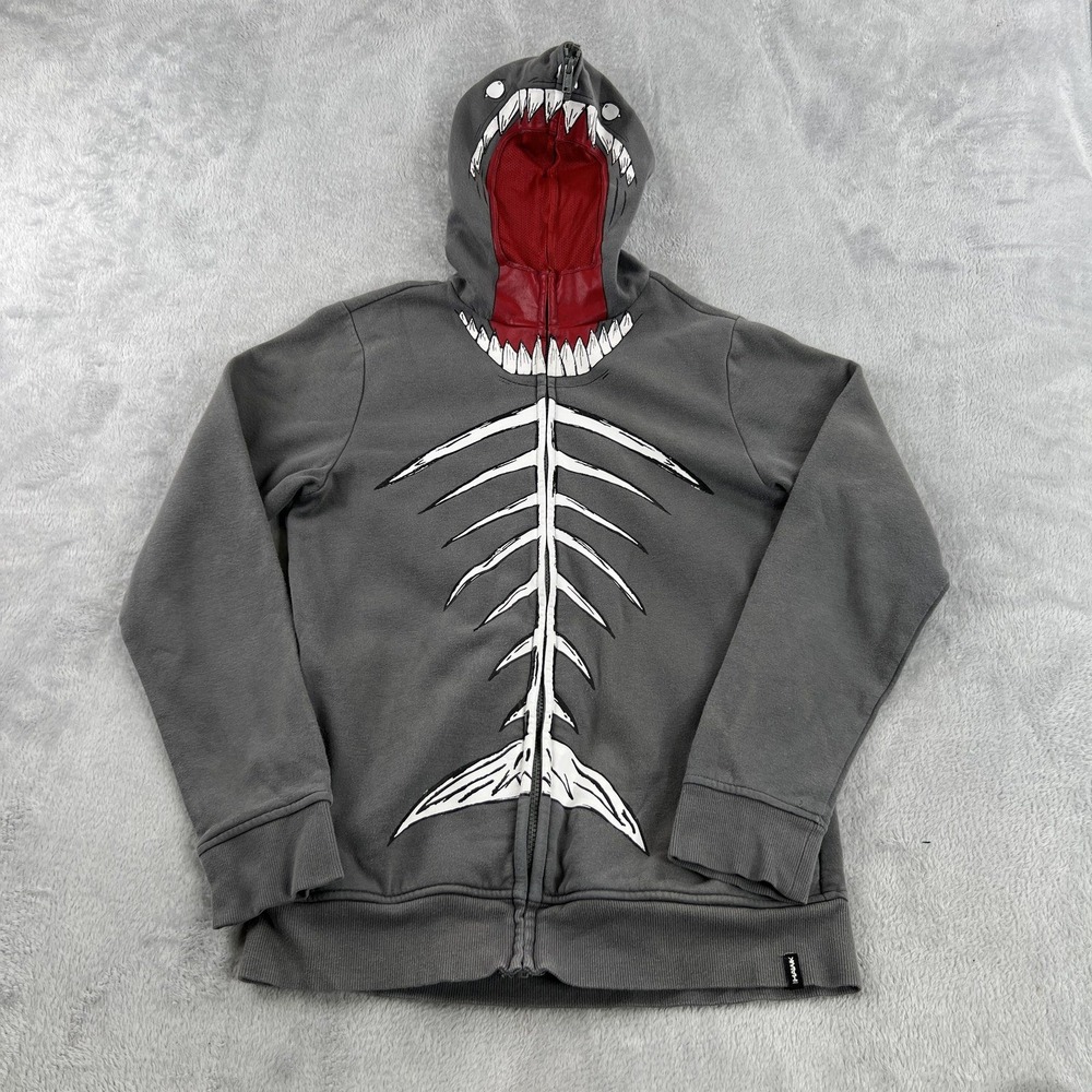 Tony Hawk Shark Skeleton Full Zip Hoodie Mens L Gray Teeth Hood Skate Graphic